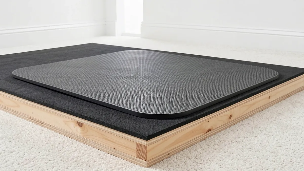 Plywood Platform for Walking Pad on Thick Carpet Layered plywood and mat platform for walking pad on thick carpet
