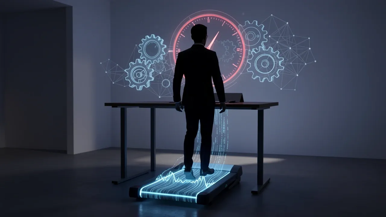 Person walking on under-desk treadmill with holographic Pomodoro timer, representing integrated focus and movement workflow