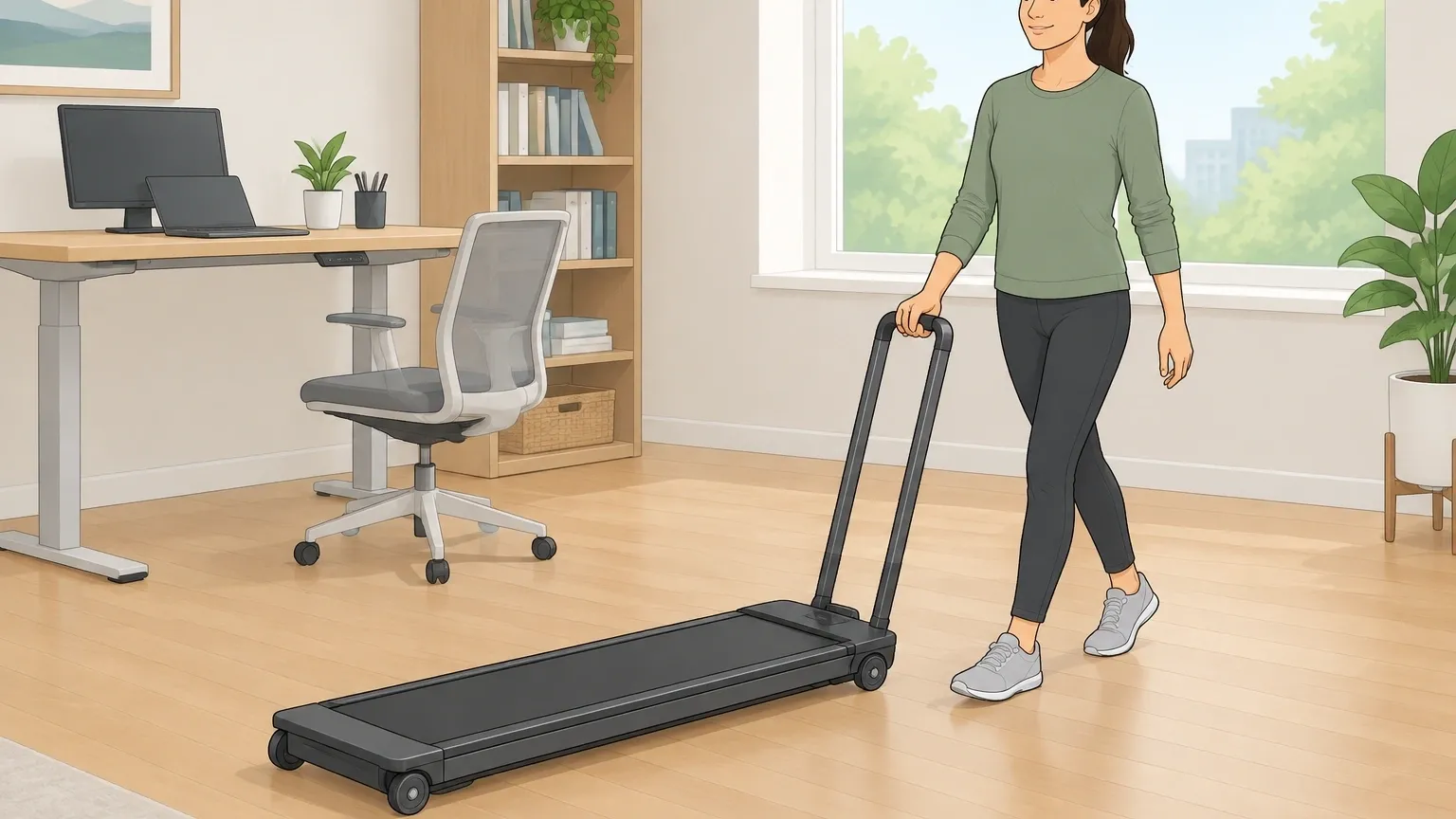 Features of a truly movable walking pad Standing desk user easily rolling a walking pad with a locking carry handle and wheels on both ends