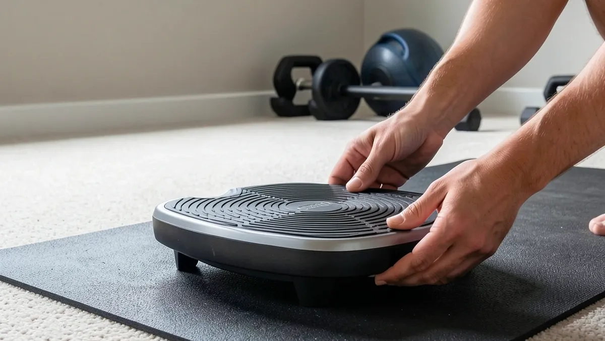 Positioning Walking Pad on Carpet Mat Hands positioning a walking pad on a mat over carpet