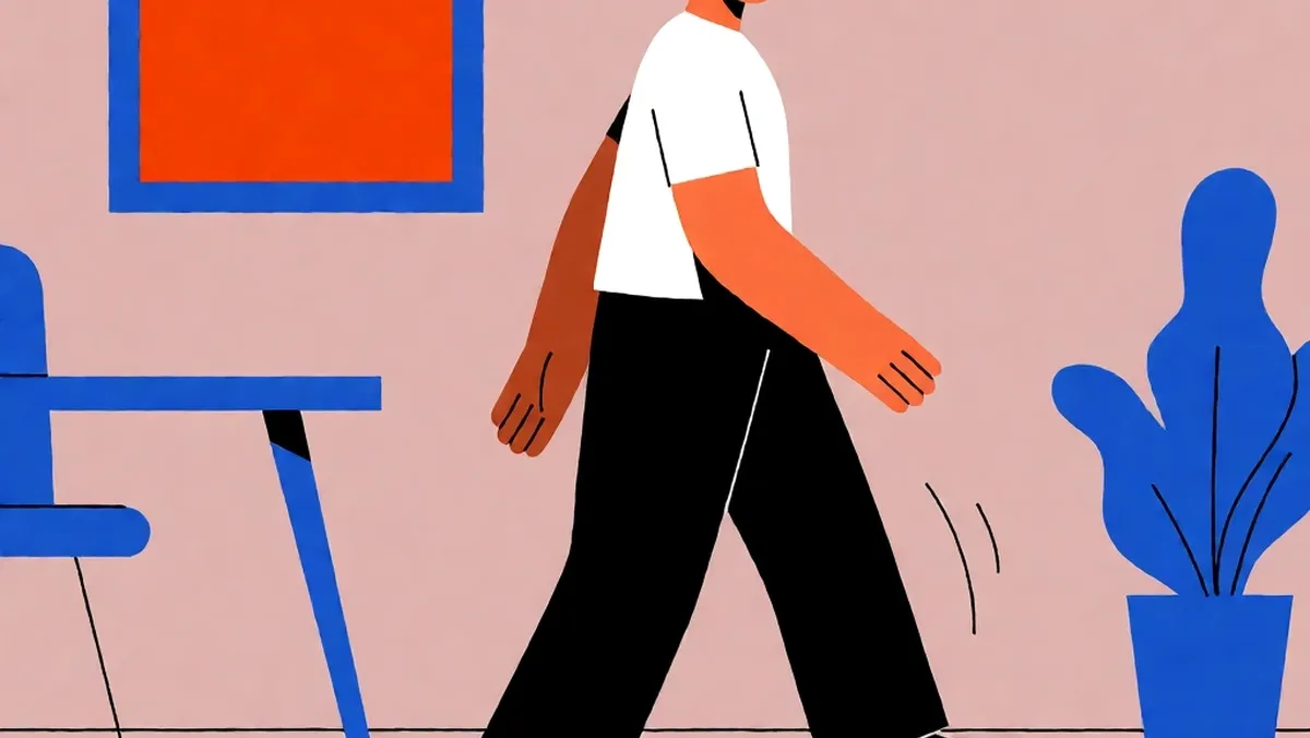 Illustration of a person walking around the room after using a walking pad to regain balance