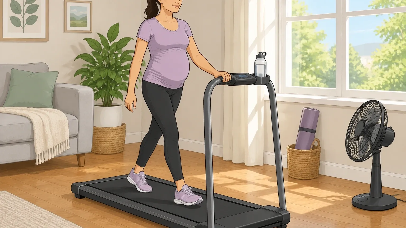Pregnant woman walking safely on a compact walking pad with handrail at home, with water bottle and fan nearby