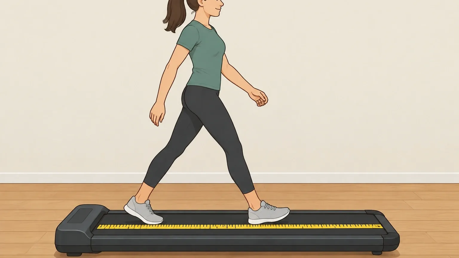 Walking Pad Length Rule of Thumb Illustration of a person walking on a walking pad with a measuring tape showing belt length