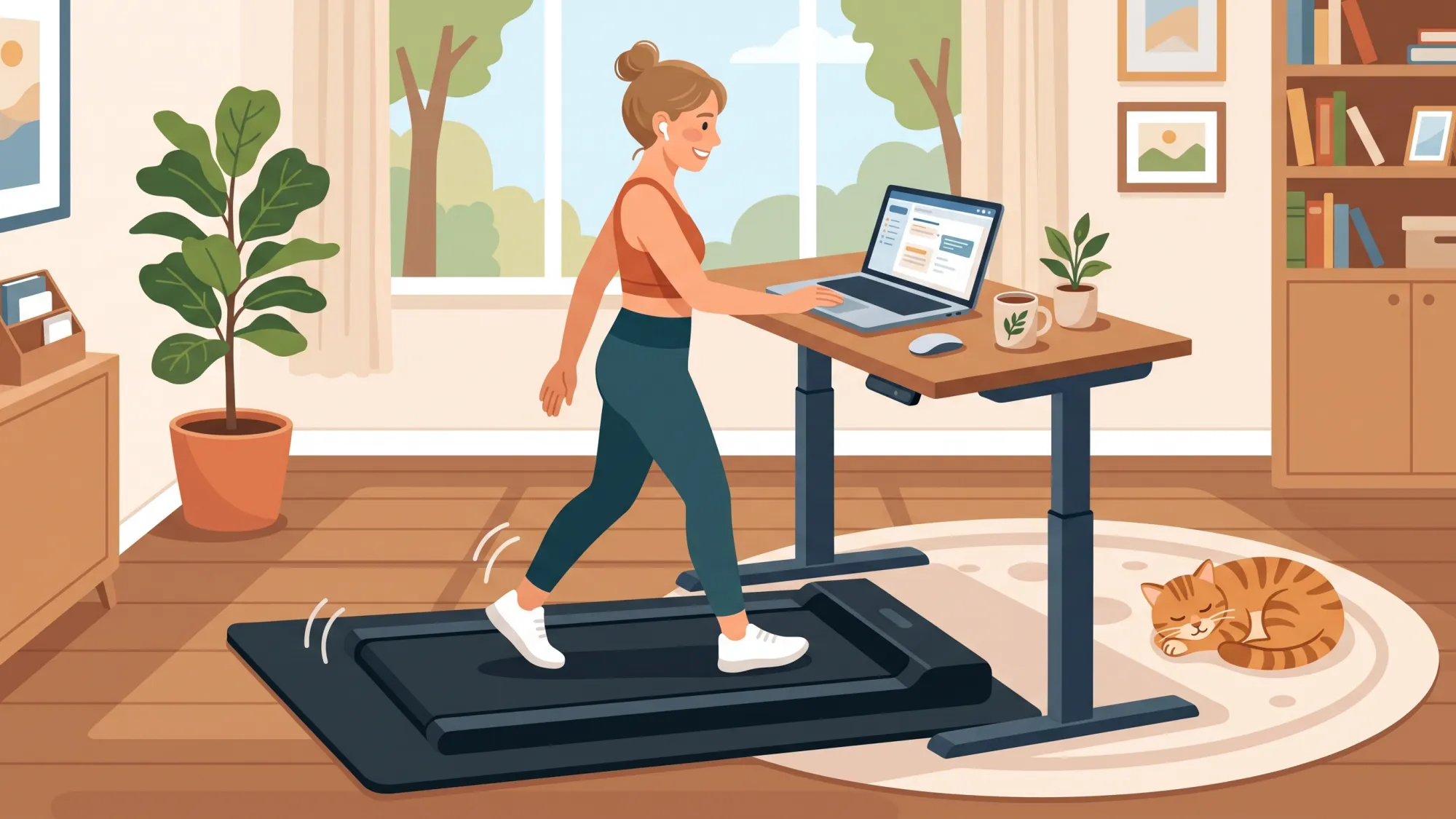 Woman walking on a quiet walking pad in a bright home office while a cat sleeps nearby