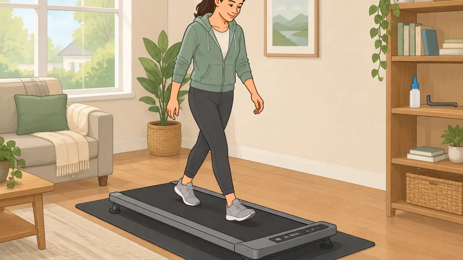 Person walking on a quiet walking pad with a silicone lubricant bottle and hex key nearby, illustrating simple walking pad noise fixes