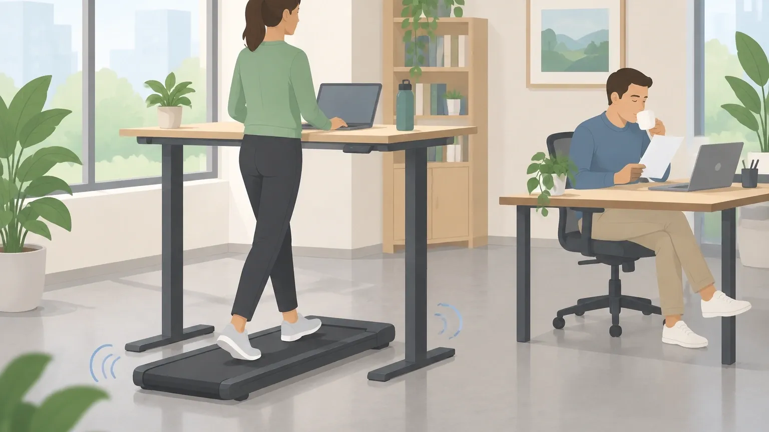 Quiet under-desk walking in an office Person walking on a quiet Yagud walking pad while a colleague works undisturbed nearby