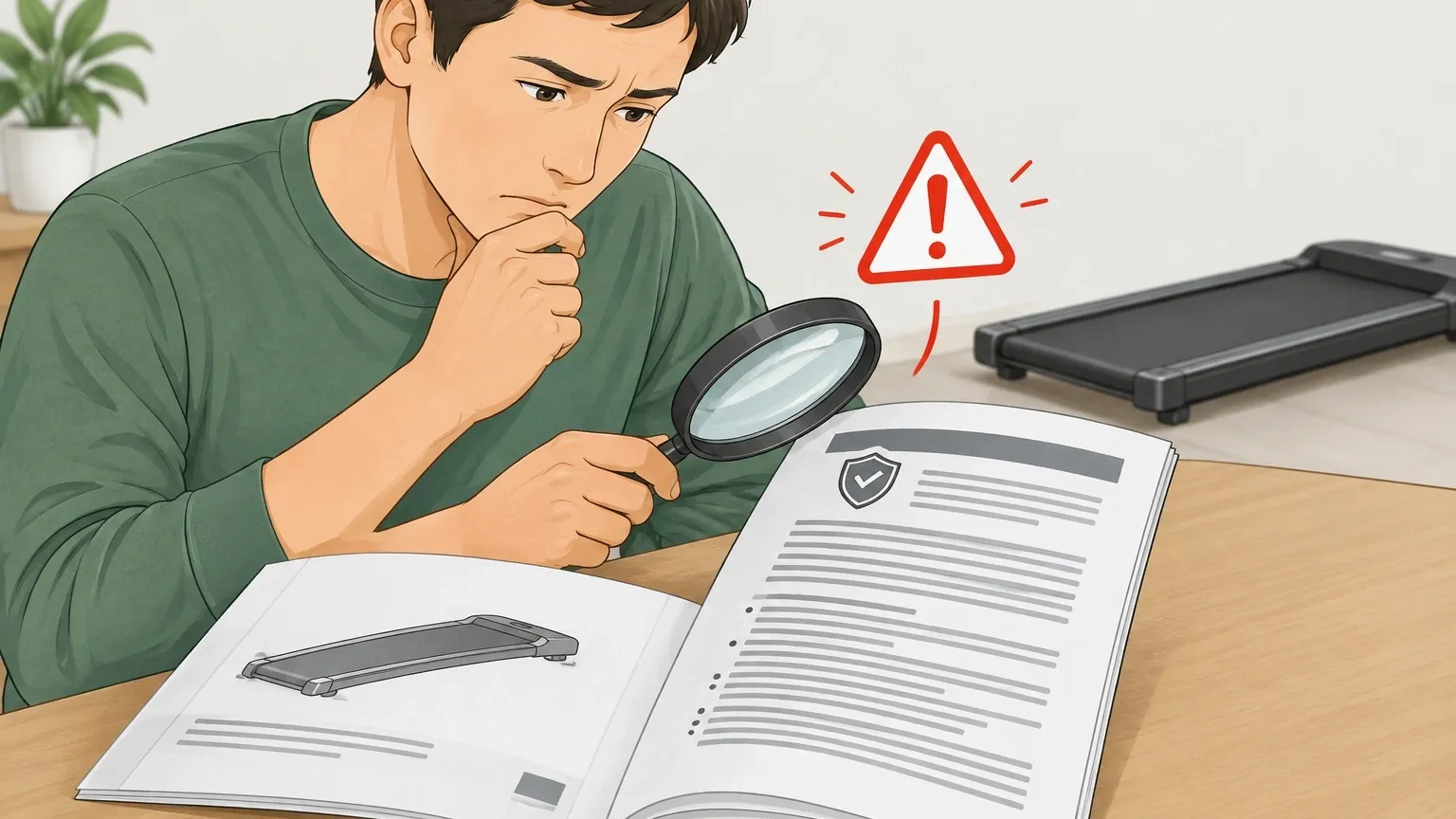 Walking pad warranty and extension cord warning Person reading the warranty section of a walking pad manual with a magnifying glass