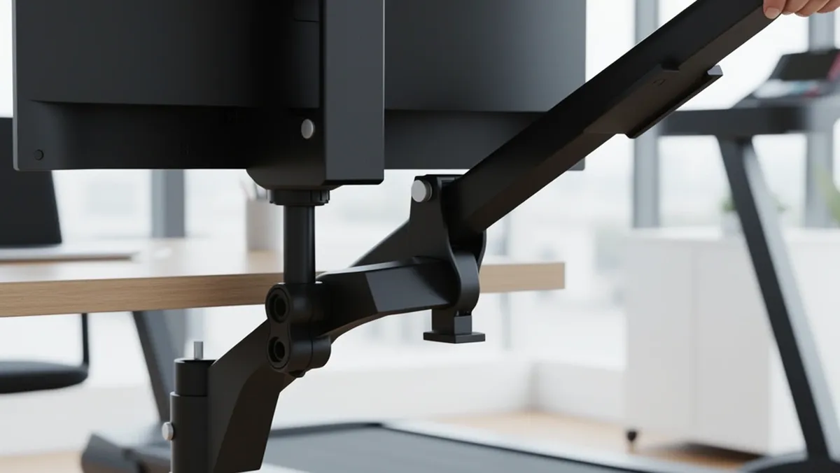 Stable Monitor Mount for Treadmill Desks Close-up of a monitor arm clamped firmly to a treadmill desk for stability