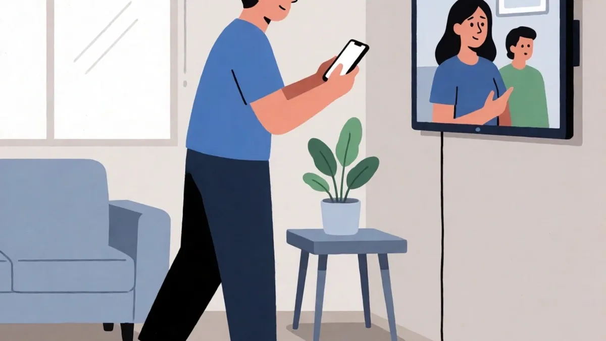 Illustration of a person using a walking pad while watching TV and using a phone, leading to sensory conflict