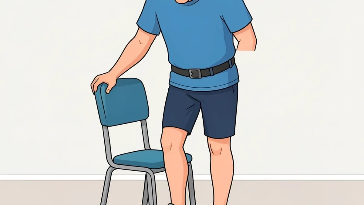 Using a Walking Pad Safely with Support Senior man carefully stepping onto walking pad while holding a chair for balance