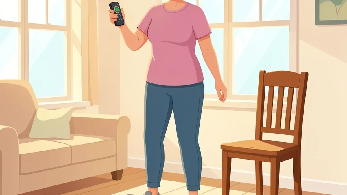 Senior woman smiling while using a walking pad at home with chair and remote stop button nearby