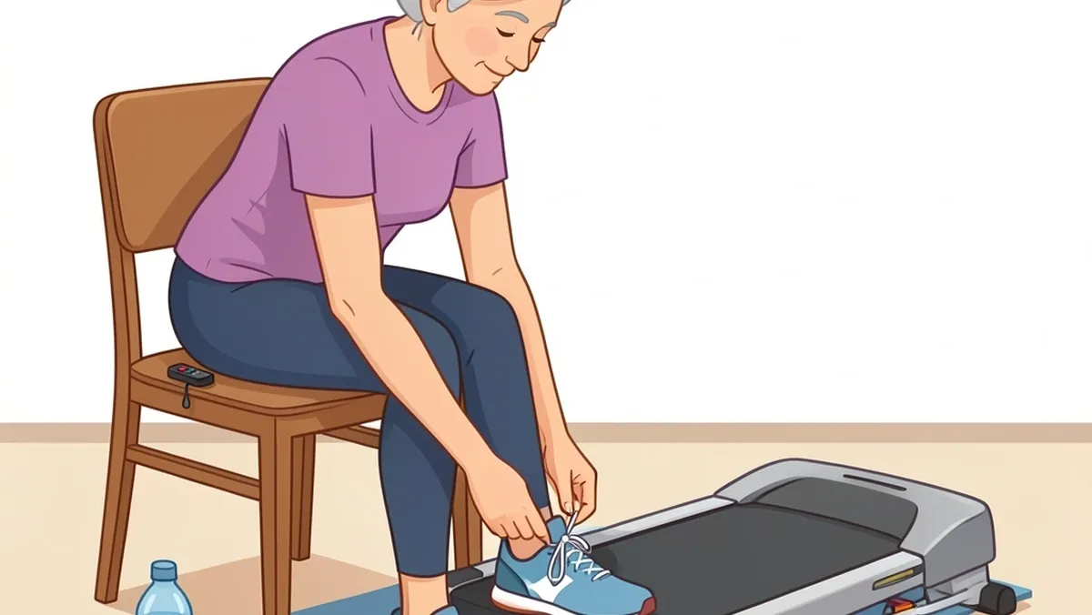 Walking Pad Safety Checklist for Seniors Senior tying athletic shoes beside a walking pad with a chair and remote stop nearby