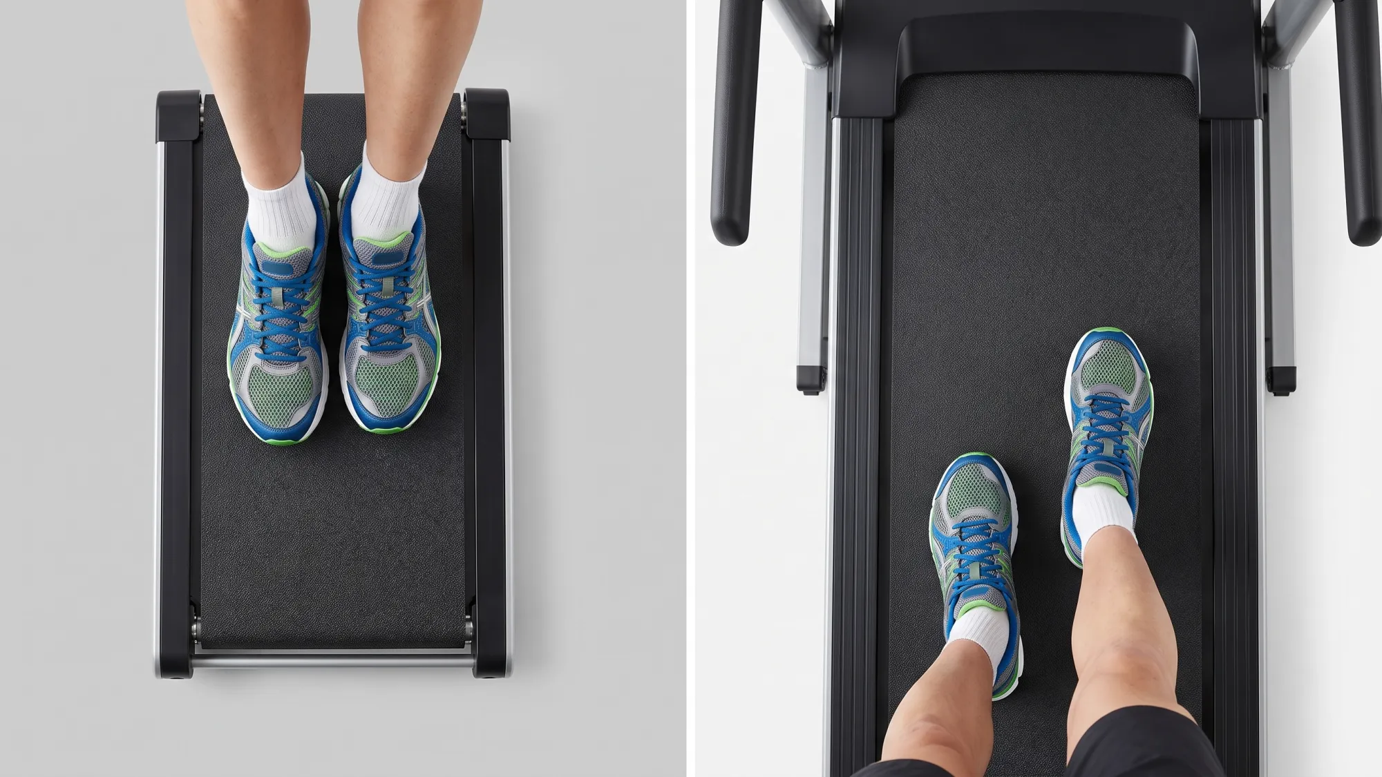 Feet of a runner cramped on a short walking pad belt versus roomy on a long treadmill deck