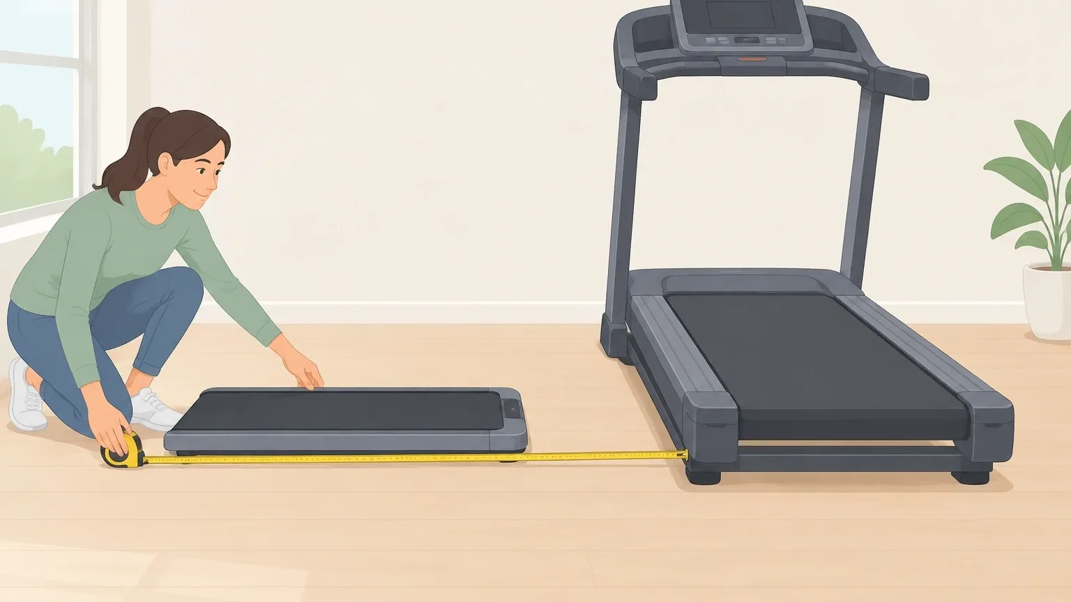 Walking Pad and Treadmill Size Difference Side-by-side size comparison of a slim walking pad and a taller treadmill with a measuring tape