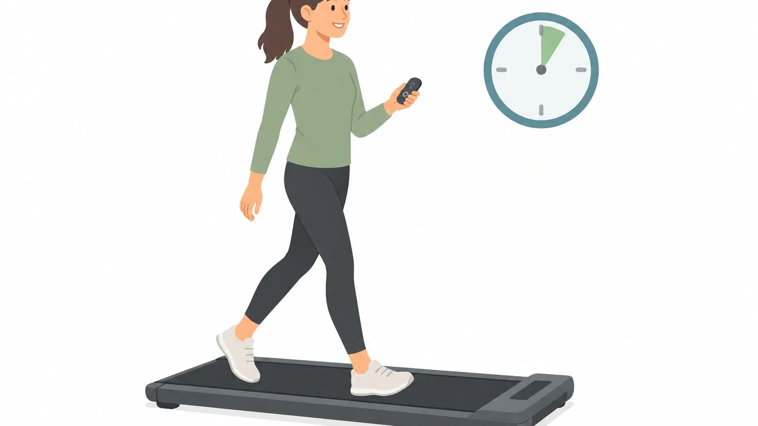 Ideal Speed and Duration on Walking Pad Person walking at a slow, relaxed pace on a slim walking pad, smiling and holding a remote