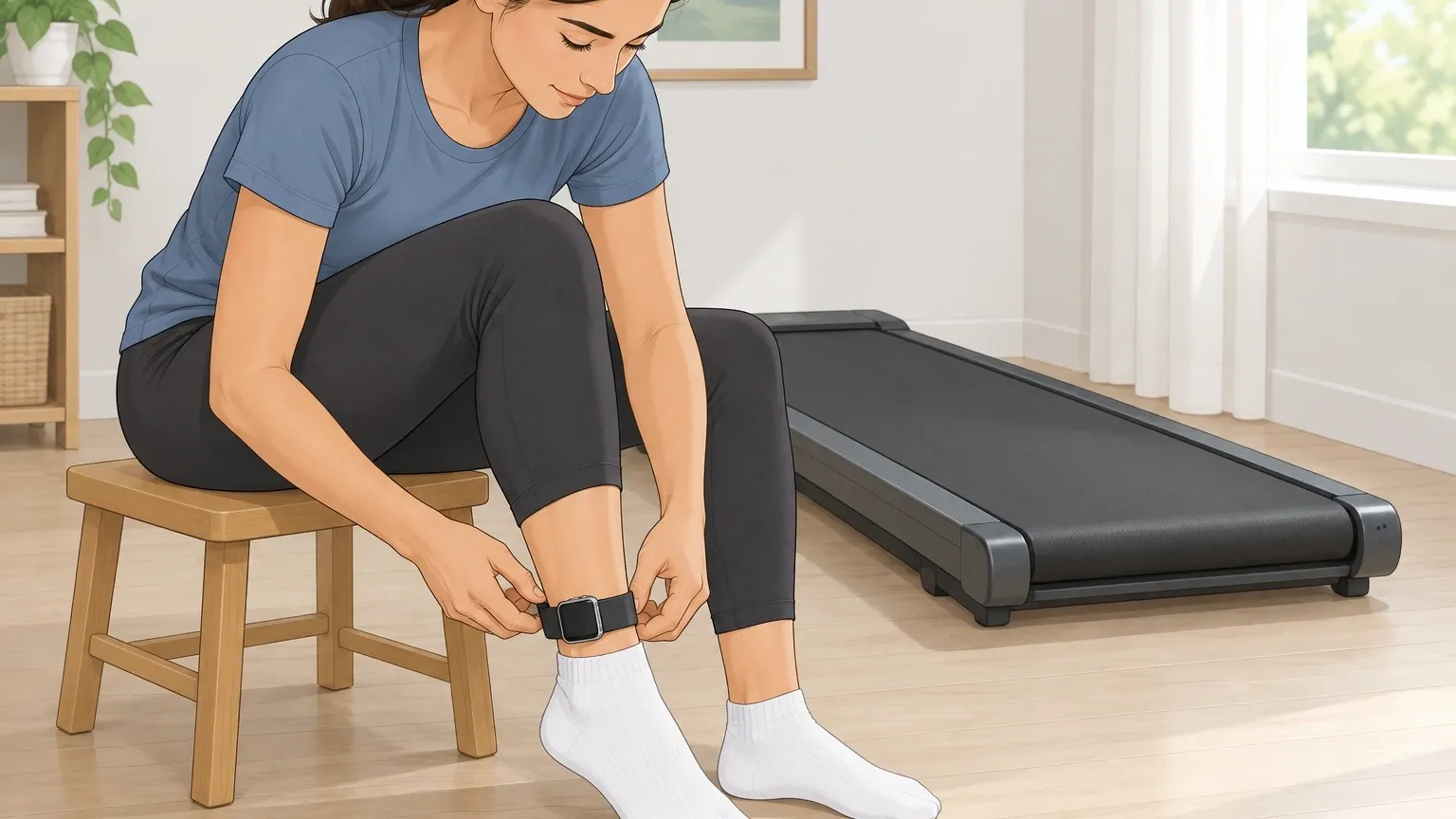 Ankle-Wearing Smartwatch Technique for Walking Pads Person attaching a smartwatch around their ankle beside a walking pad, demonstrating the ankle-wearing technique for better step tracking.