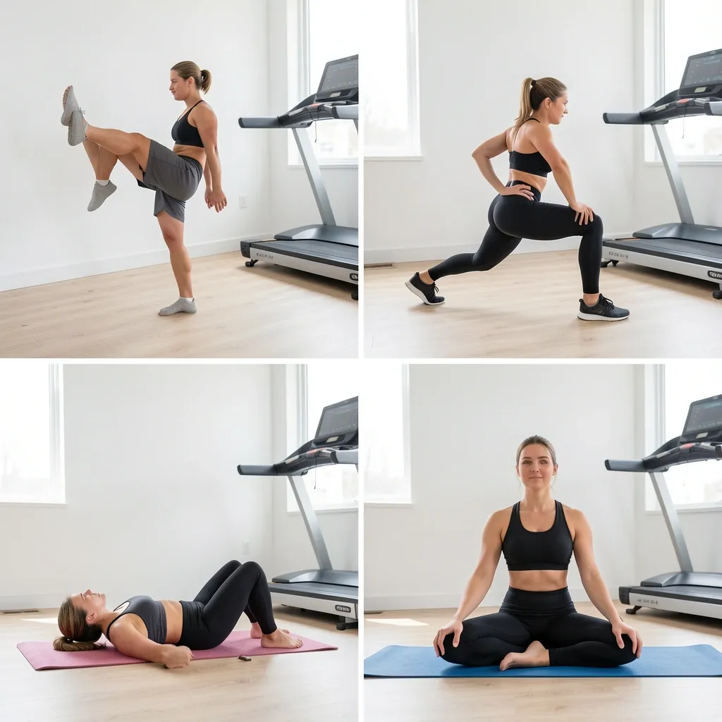 Post-Walk Stretch Routine Step-off stretch routine after under-desk treadmill use: calf pump, hip flexor lunge, glute bridge, pigeon pose
