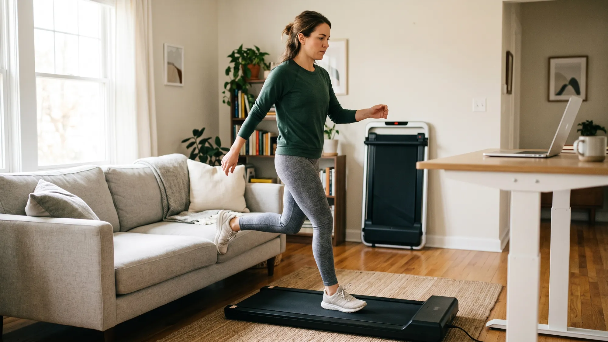 Person stepping from a couch onto a walking pad in a bright living room