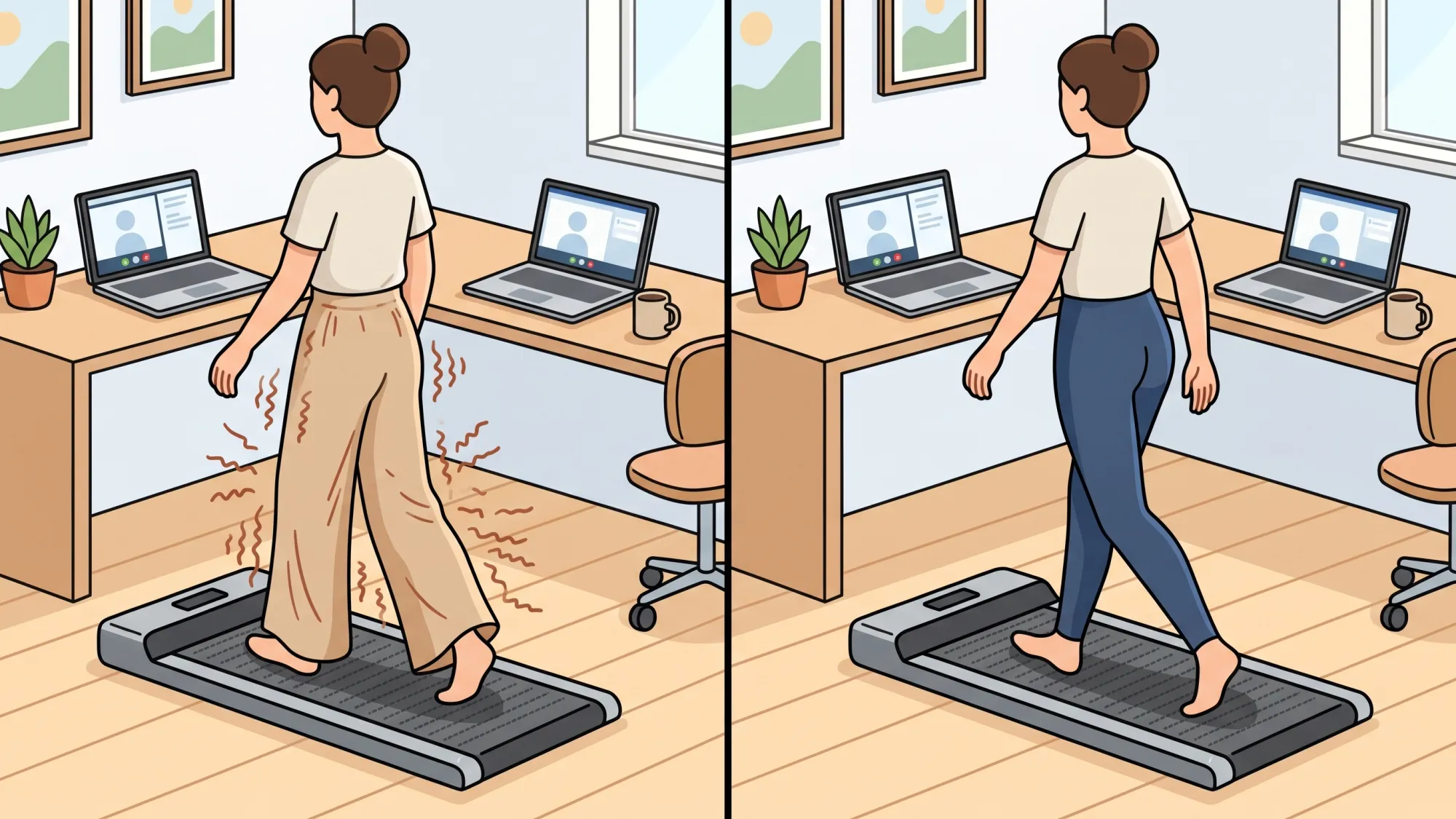 Quiet clothing options for walking pads Illustration showing how loose pants create rustle lines on a walking pad while fitted leggings stay quiet