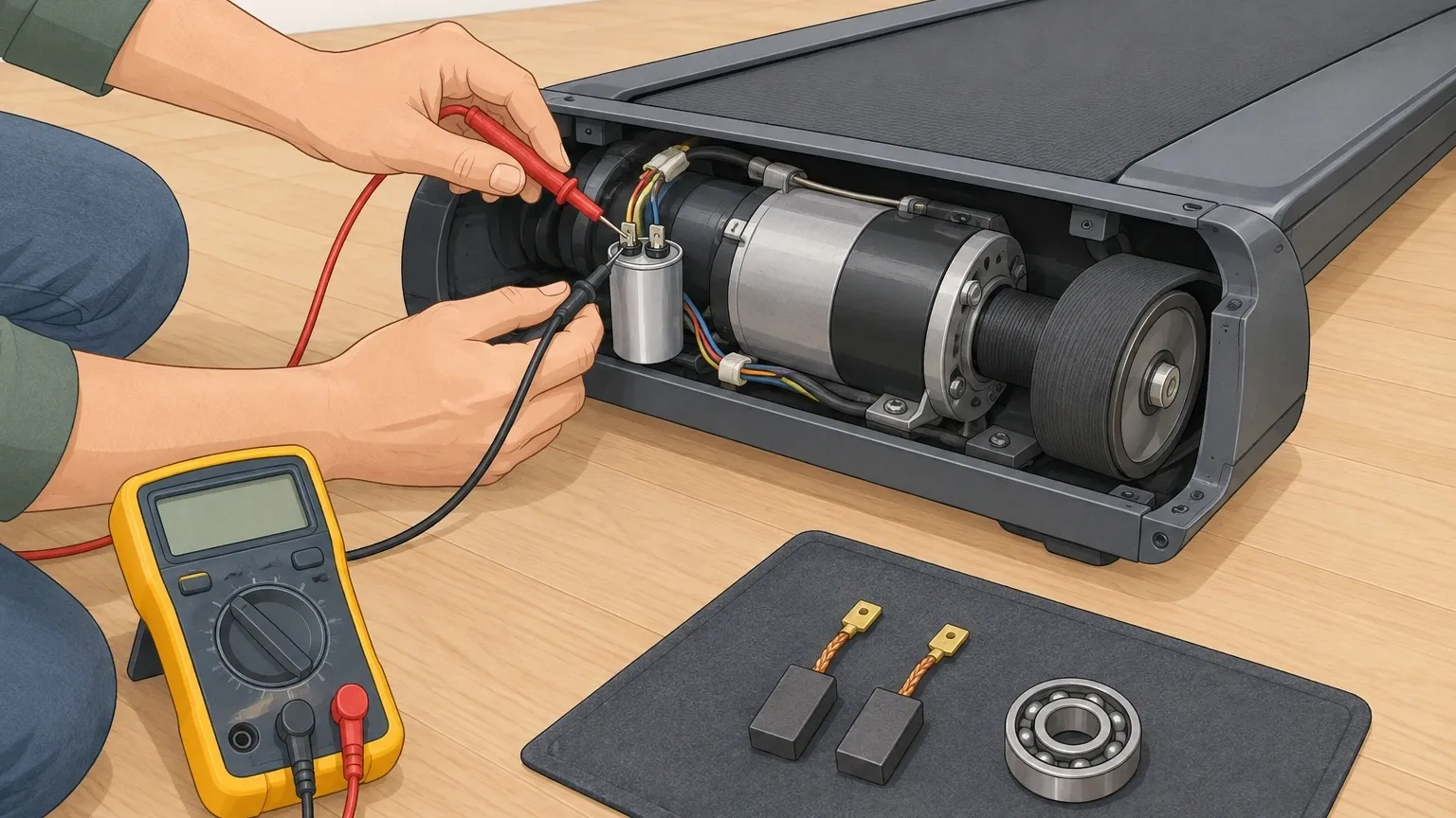 Multimeter testing a walking pad motor capacitor with carbon brushes and bearing nearby