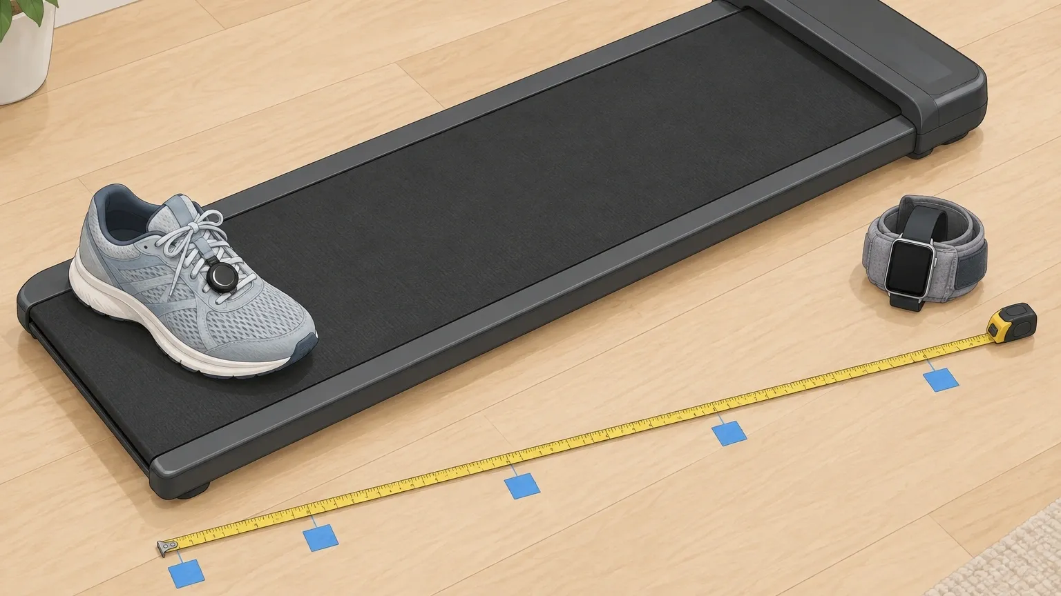 Three Ways to Measure Walking Pad Distance Flat lay of a foot pod on a shoe, smartwatch on an ankle, and measuring tape on the floor, showing three methods to measure true walking pad distance.
