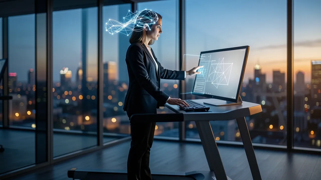 Professional walking on treadmill desk with holographic neural data streams representing cognitive balance