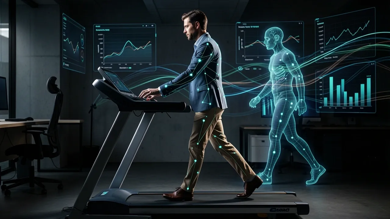 Person walking on treadmill desk with motion capture overlay showing altered gait while typing.