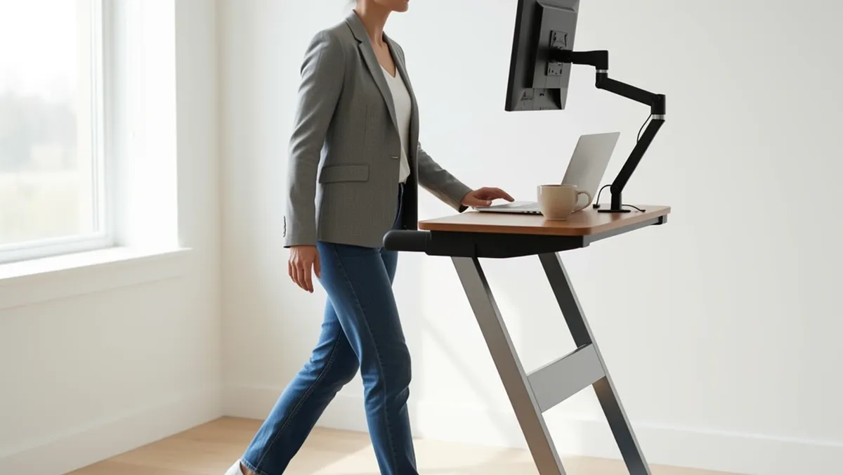 Woman using a treadmill desk with a monitor positioned at eye level to prevent neck strain