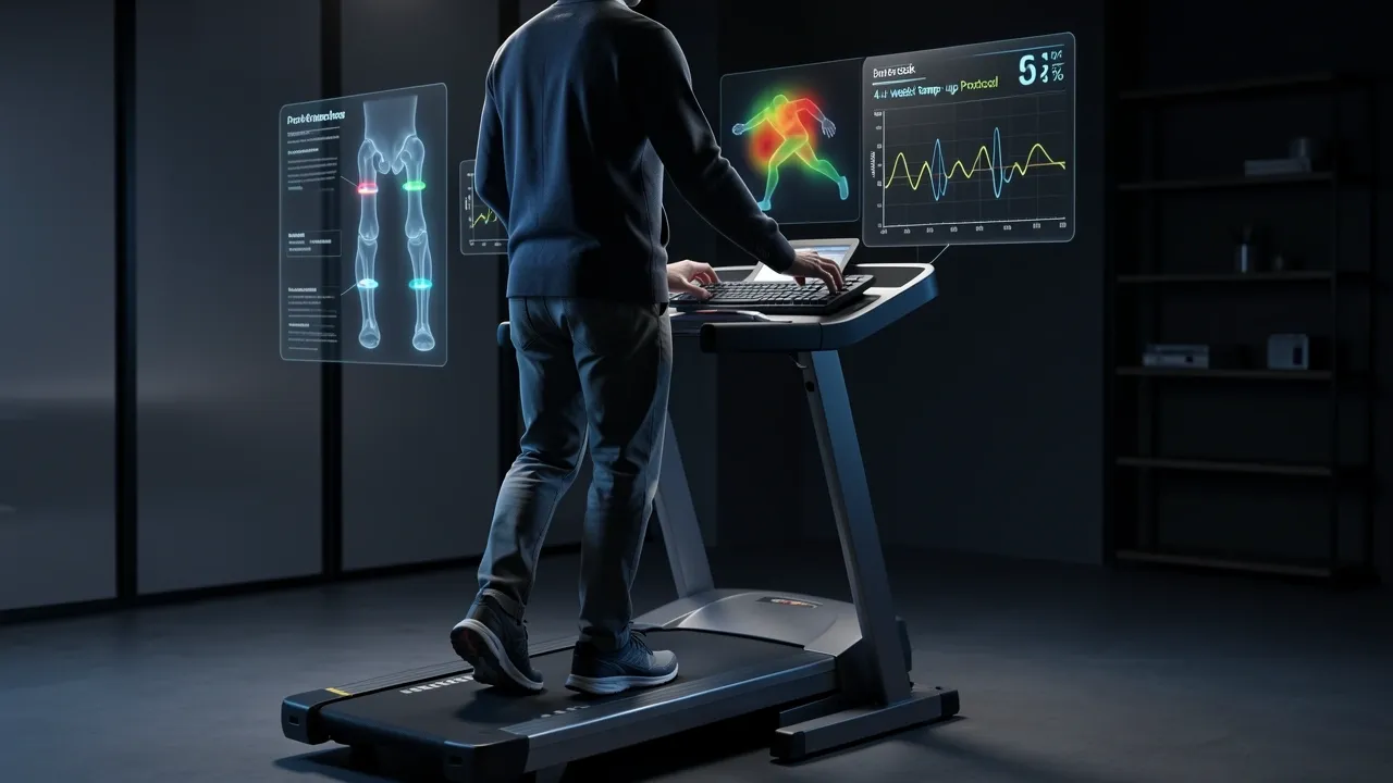 Professional walking at treadmill desk with holographic joint stress data visualization in dark modern office.