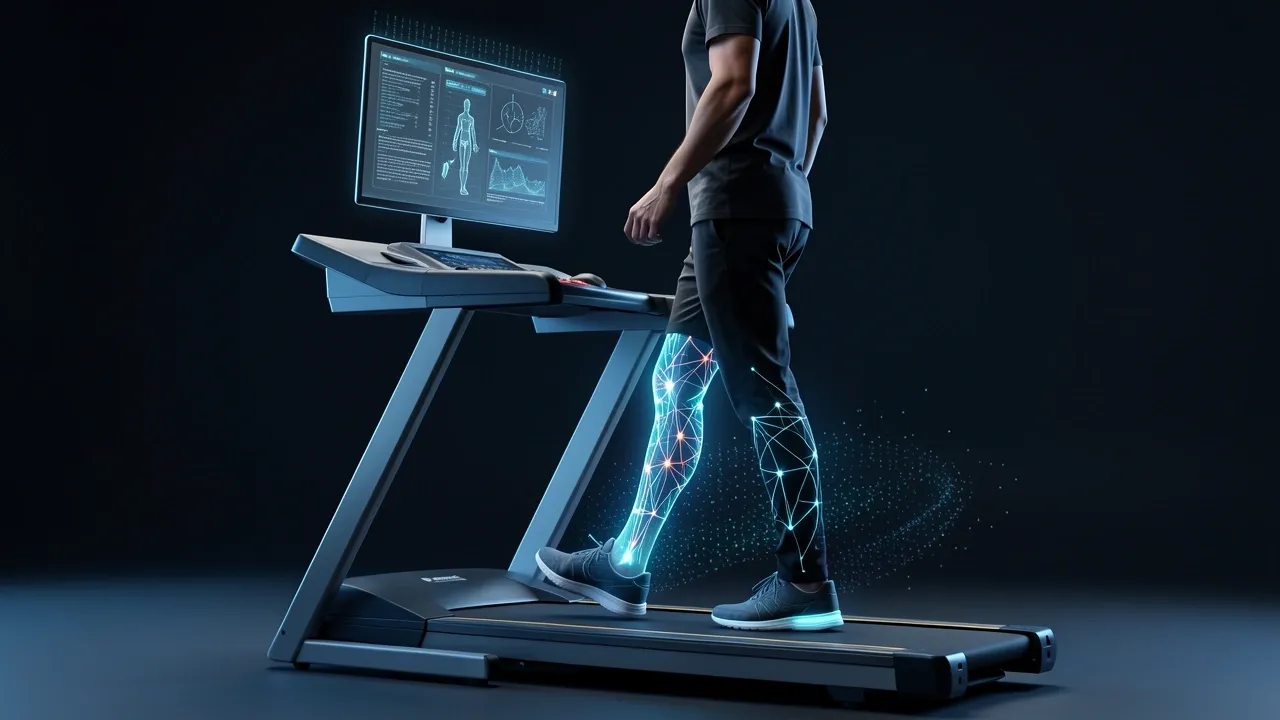 Professional at treadmill desk with holographic shin stress overlay and data visualization