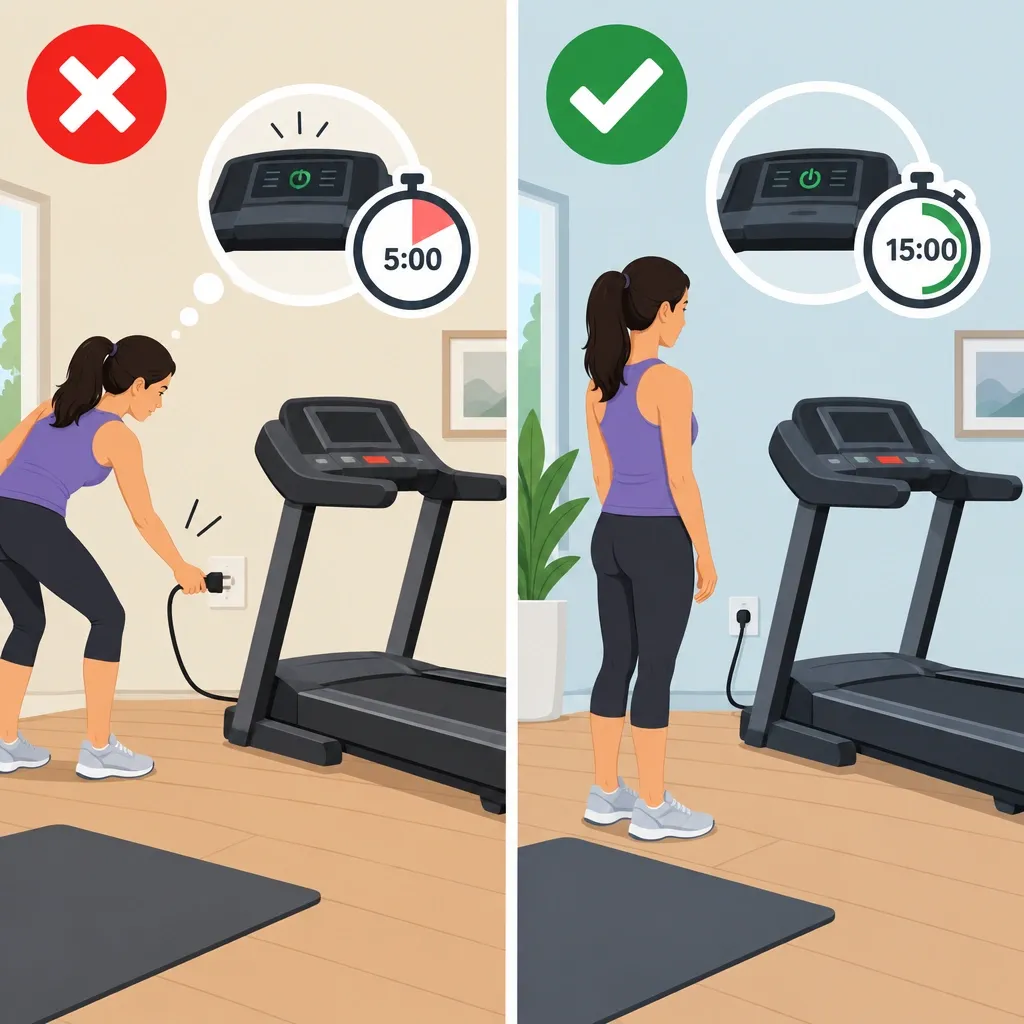 Side-by-side illustration of treadmill myths versus reality: 5 minute unplug vs 15 minute full reset