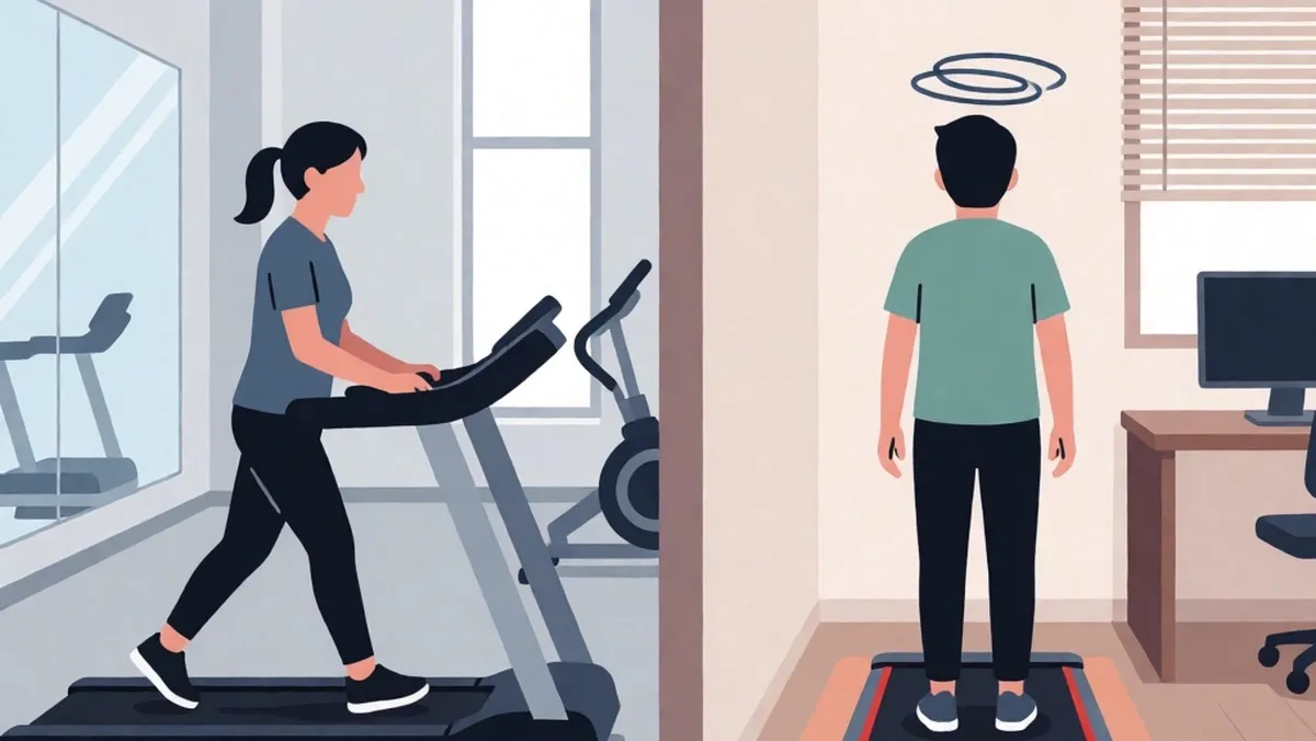 Comparison illustration of a treadmill in a gym and a walking pad in a small room, showing why walking pads cause more dizziness