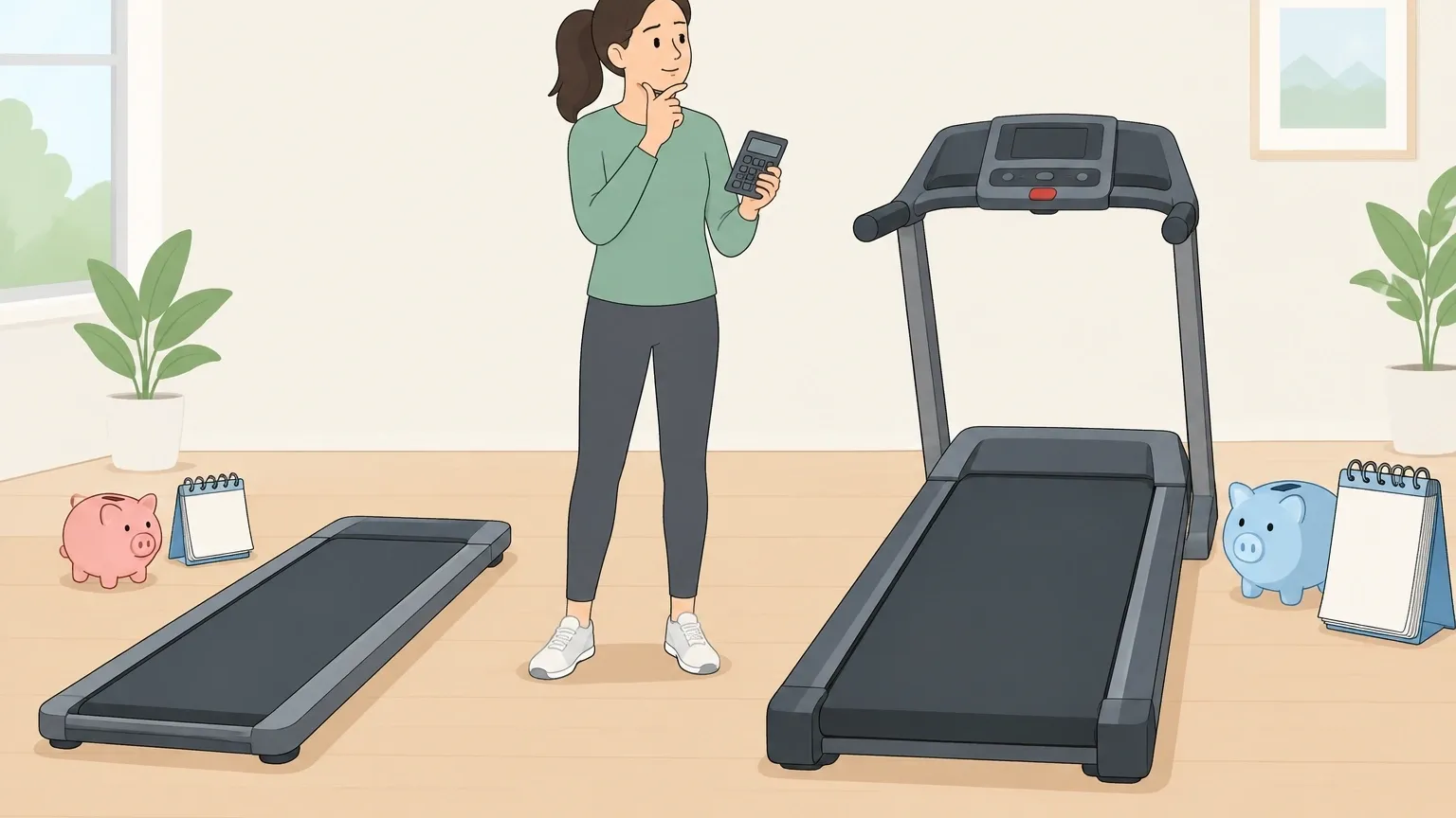 Cost Over Time Walking Pad vs Treadmill Person using a calculator comparing the long-term cost of a walking pad and a treadmill