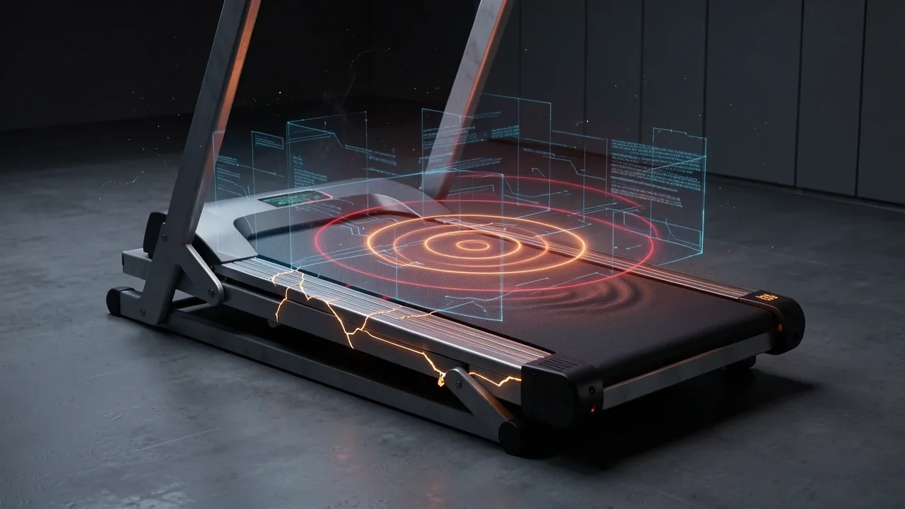 Under-desk treadmill with glowing stress cracks and holographic force visualization, digital scan grid