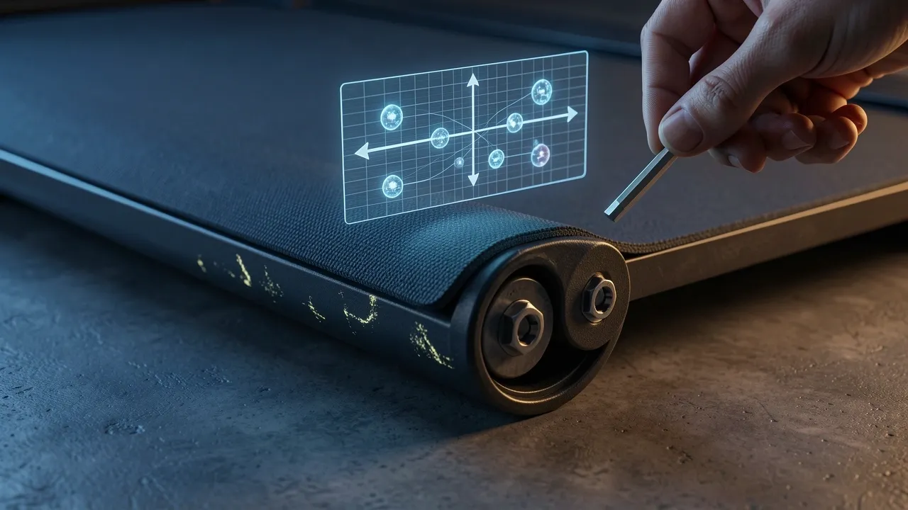 Under-desk treadmill rear roller adjustment bolt with holographic belt tracking diagnostic