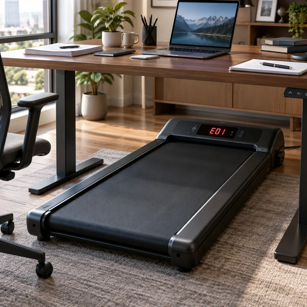 Under-desk treadmill with error code E01 on display in a home office setting