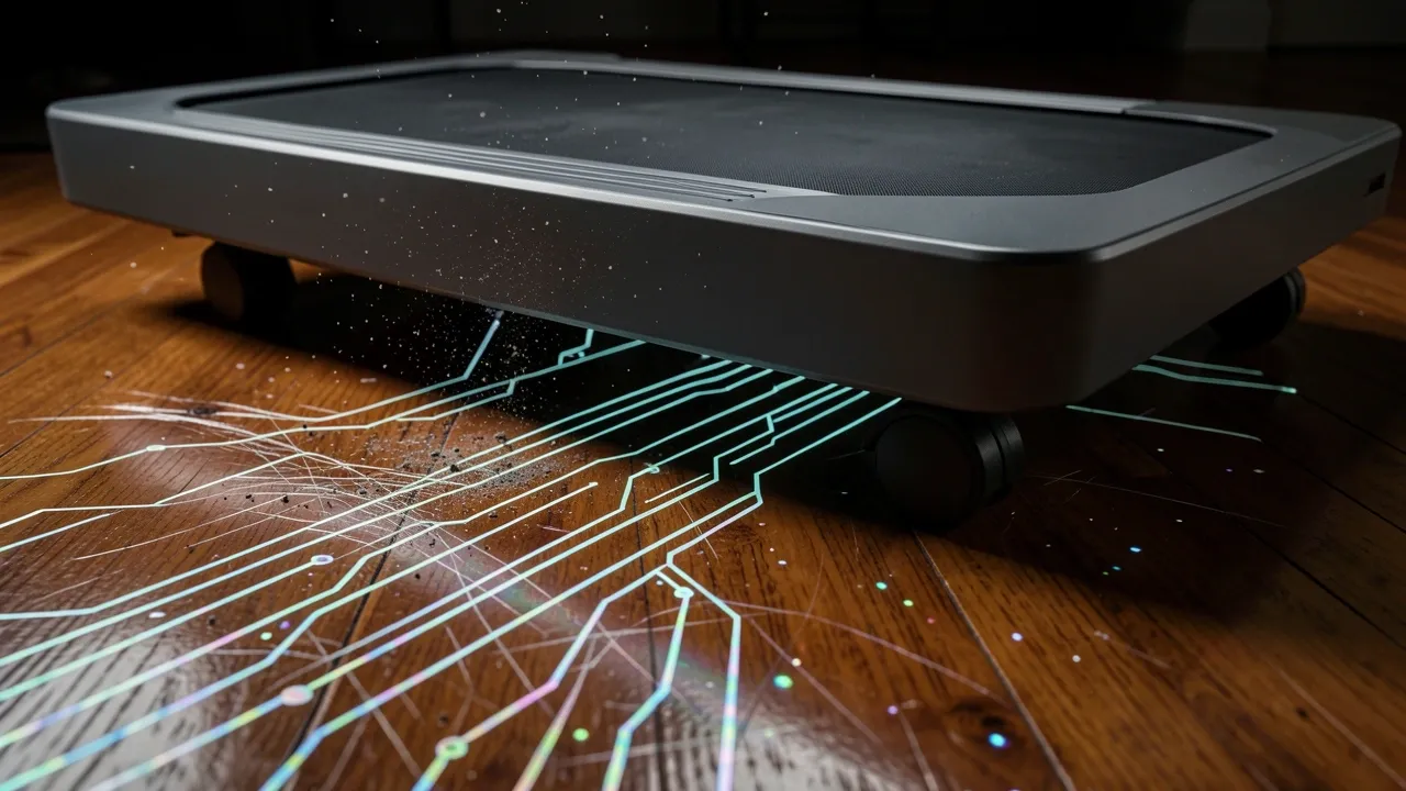 Under-desk treadmill wheels on scratched hardwood floor with glowing data particles representing grit damage