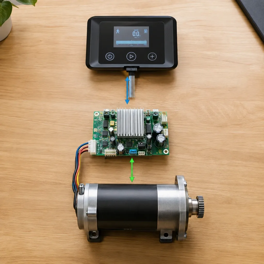 Exploded view of under-desk treadmill components: console, motor controller, and motor