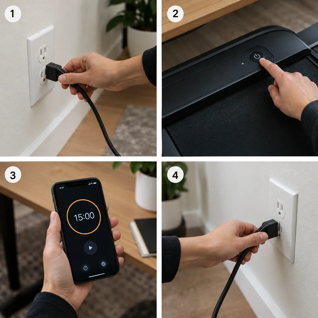 Step-by-step reset protocol for under-desk treadmill: unplug, drain power, wait 15 minutes, repower