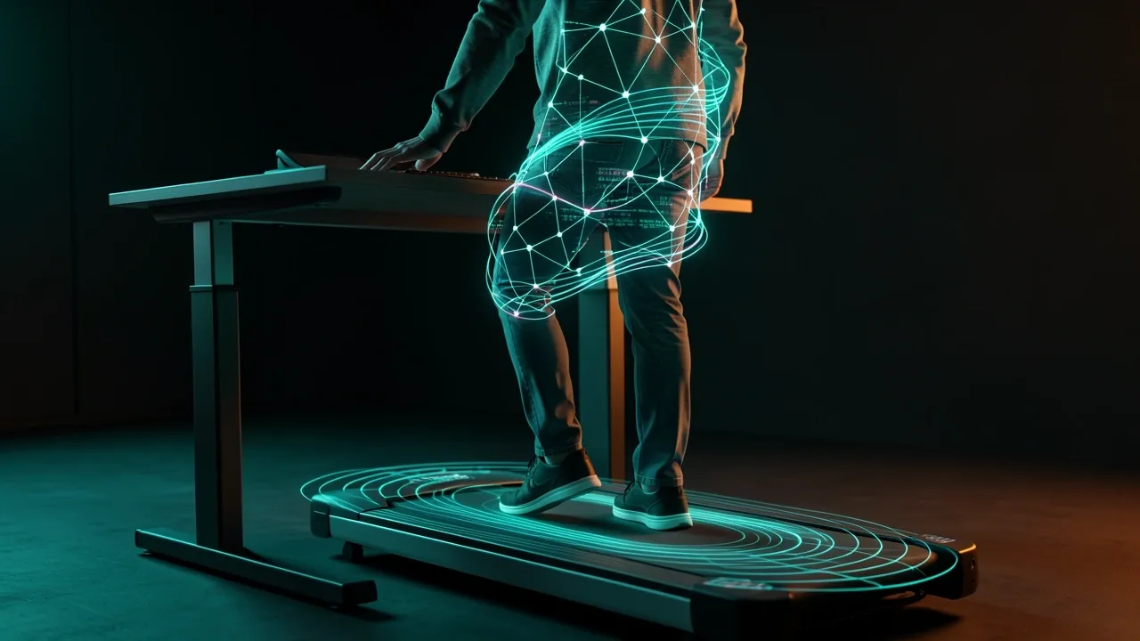 Person on under-desk treadmill with holographic neural balance overlay in dark office, cinematic lighting