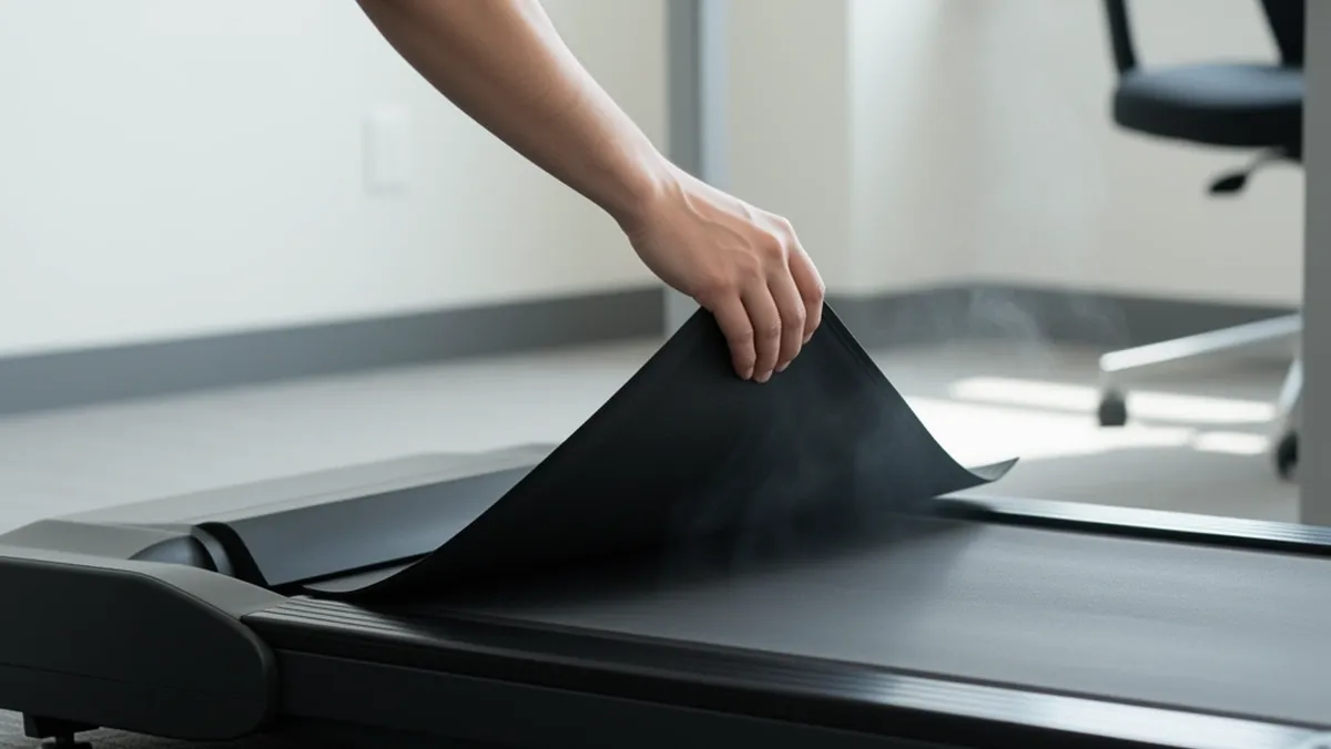 Person lifting walking belt of an under desk treadmill to check for burning smell