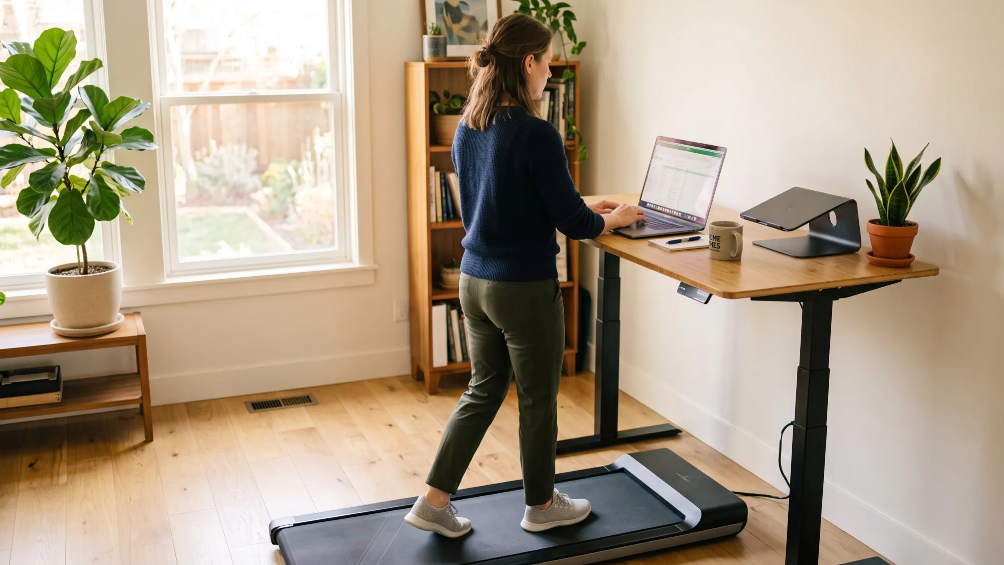 Person walking on a compact walking pad under a standing desk while typing