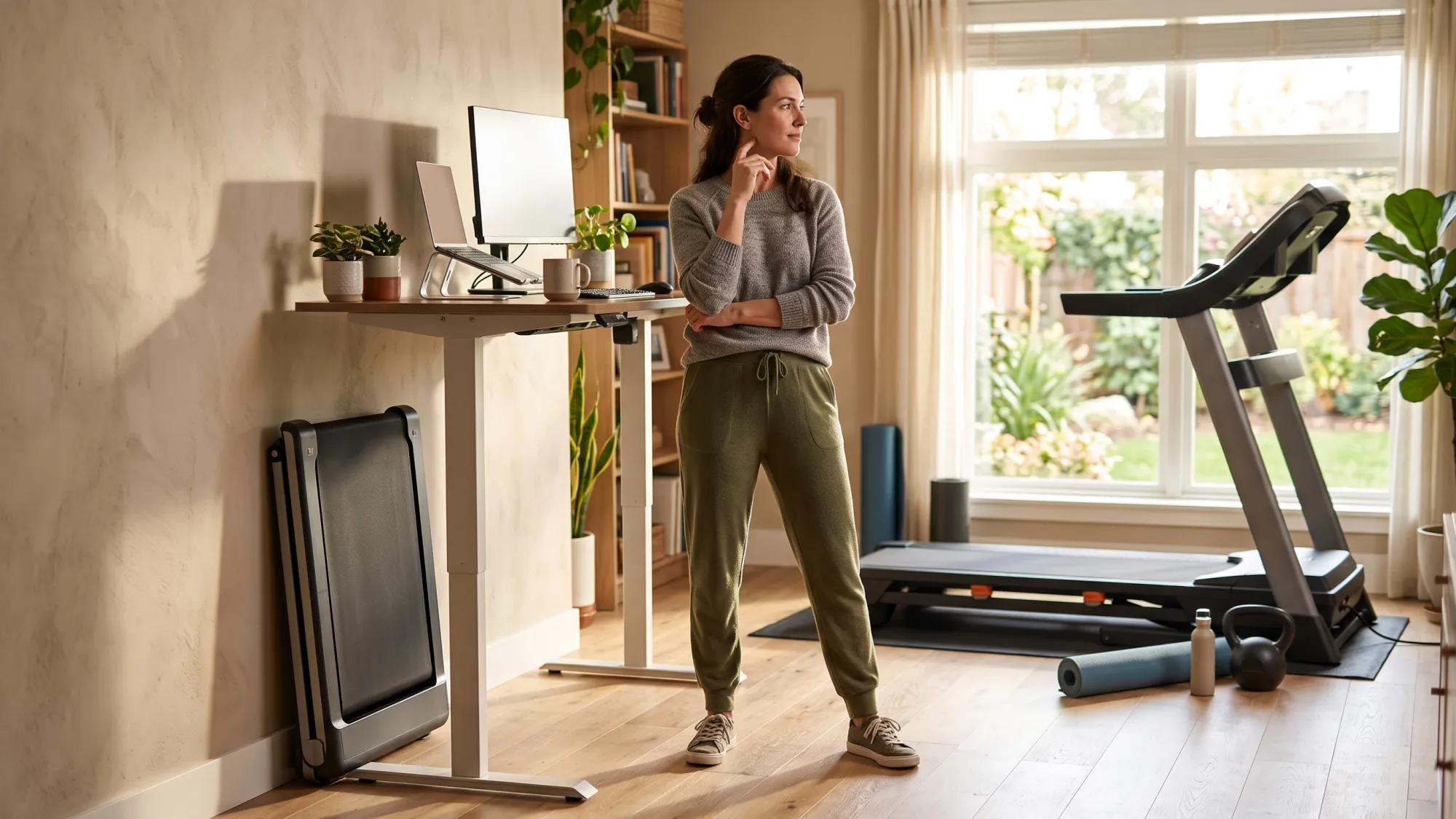 Person thinking between a compact walking pad and a treadmill at home