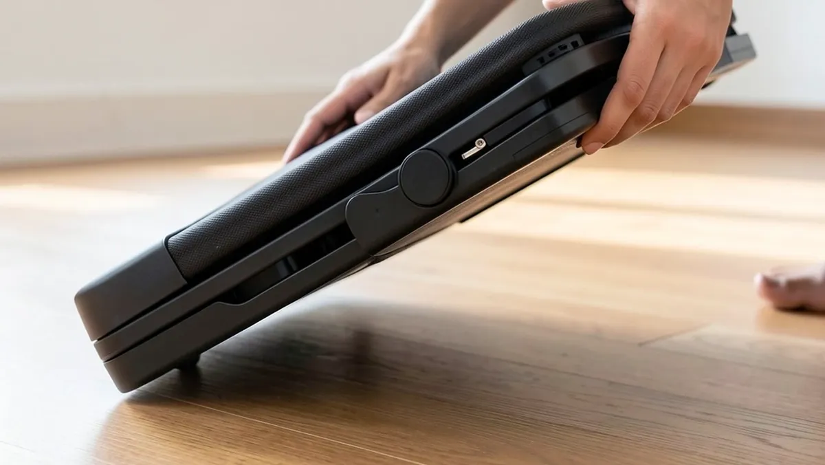 Hands unfolding the WalkingPad C2 treadmill deck from folded to flat position