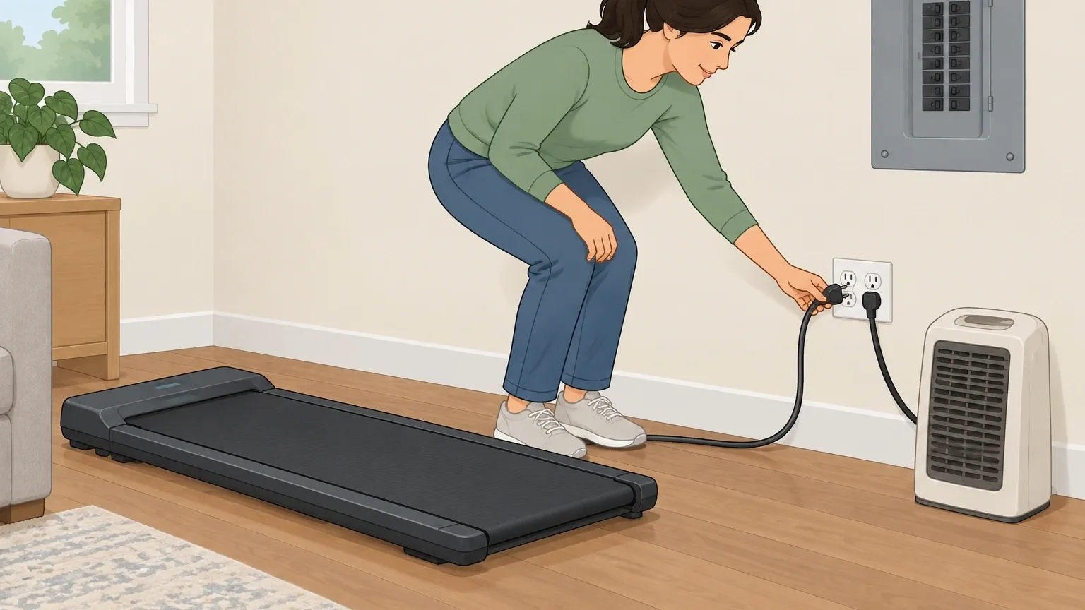 Person unplugging a space heater from the same outlet as a walking pad to test for an overloaded circuit