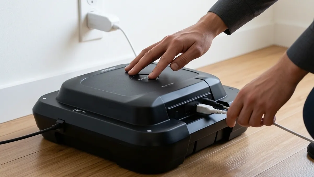 Safety First Unplugging Treadmill Person unplugging under desk treadmill and touching motor cover to check heat