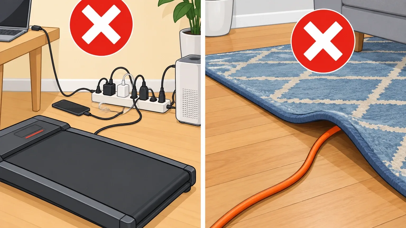 Unsafe ways to use extension cord with walking pad Illustration showing unsafe practices: power strip and cord under rug with red X marks