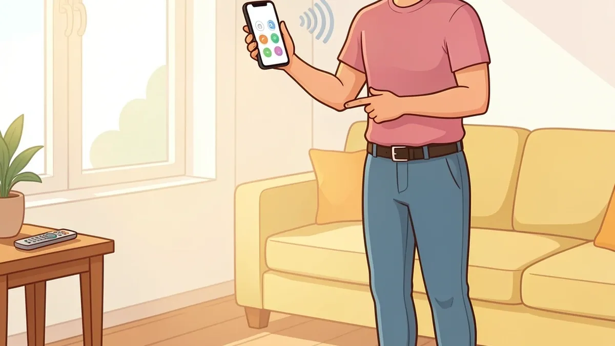 Person using a smartphone app beside a walking pad after losing the remote, with the built-in buttons and a universal remote shown as alternatives