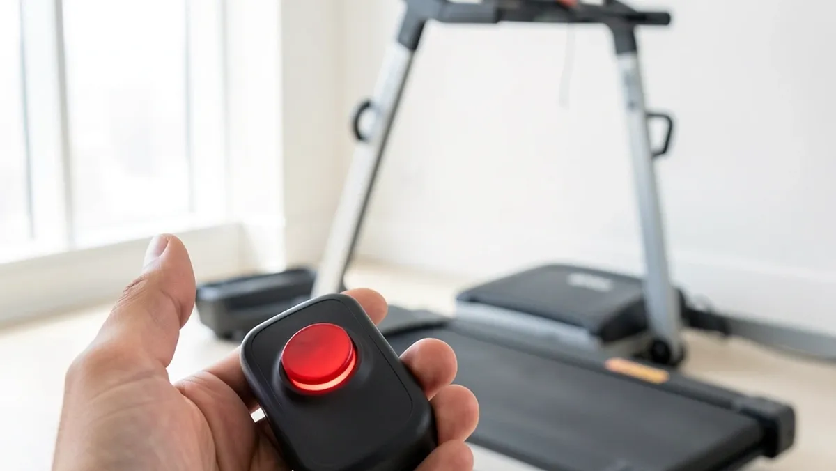 Pressing the emergency stop button on the WalkingPad C2 remote to verify safety