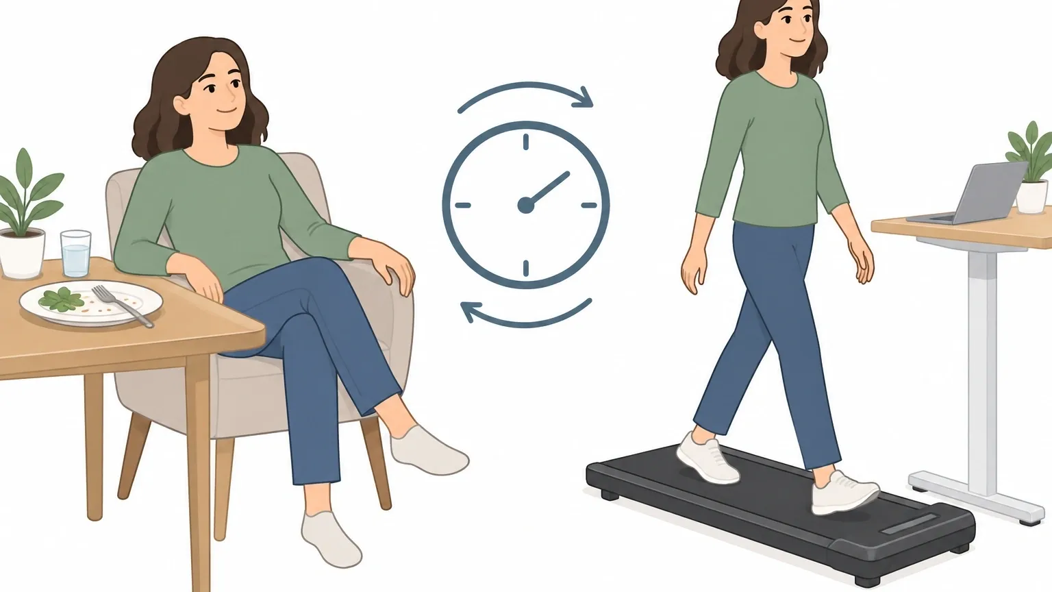 Proper Wait Time Before Post-Meal Walking Illustration showing a person waiting after a meal and then walking on a walking pad, with a clock symbolizing the waiting period